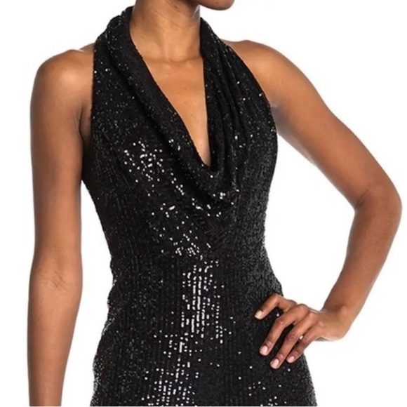🩷 Rachel Roy Black Sequined Sleeveless Jumpsuit Lined Cowl Neck Romper Size 14 - Picture 3 of 13